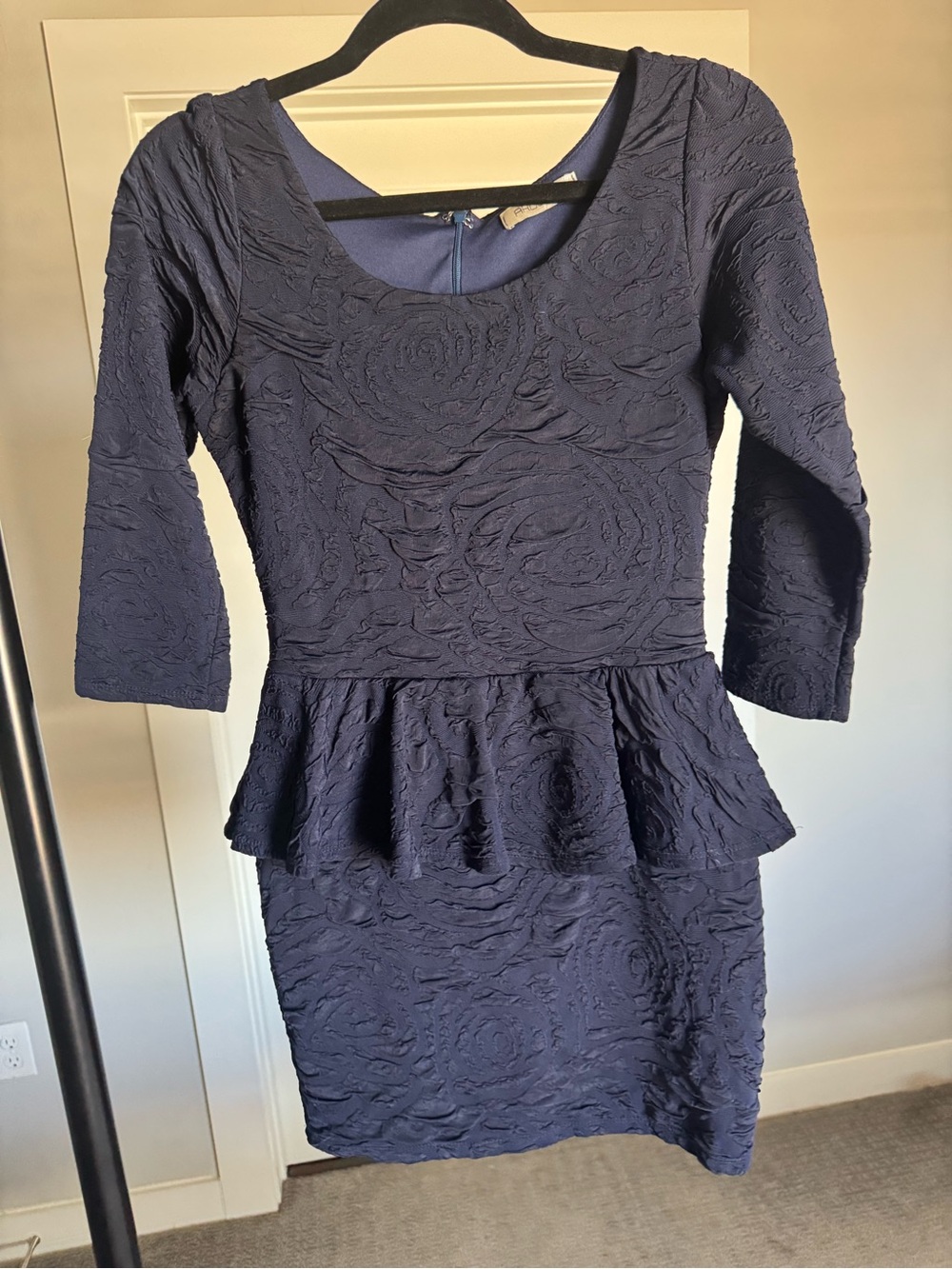 Arden B Navy Textured Peplum Midi Dress